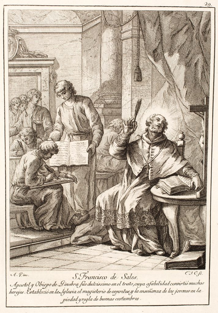 'Sant Francesc de Sales, 29 de gener', aiguafort del dibuixant Antonio González Velasco (1723-1794) i el gravador Juan Antonio Salvador Carmona (1740-1805)