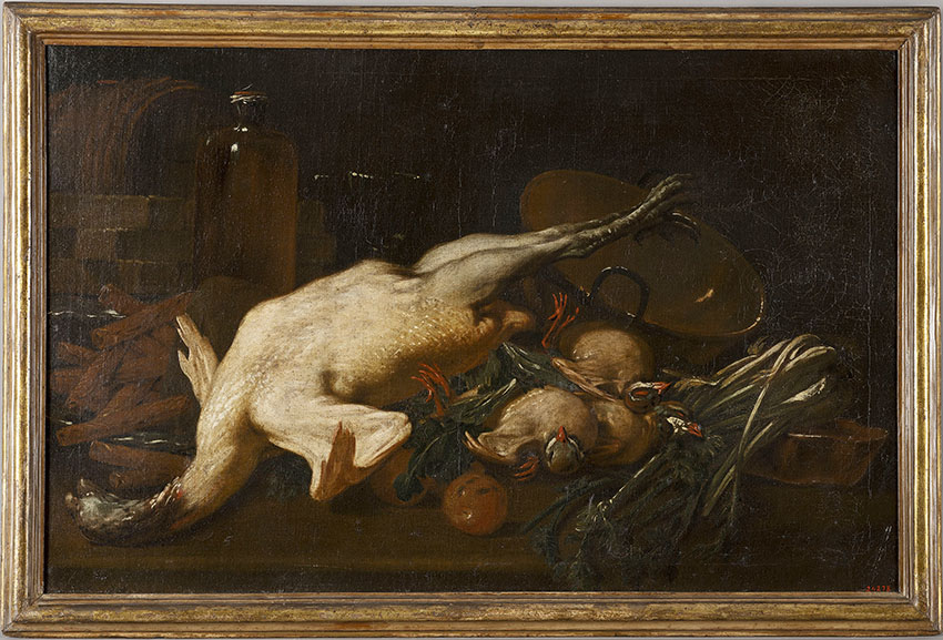 'Natura morta amb verdura, gall dindi, altre aviram i neules', pintura d'Antoni Viladomat (1678-1755)
